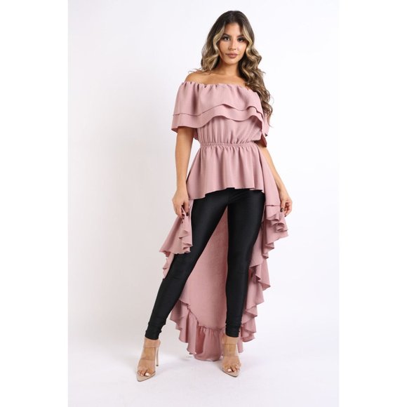 Boutique Tops - Women's Casual Ruffled Off Shoulder High Low Sexy Top Mauve/White Size S, M, L